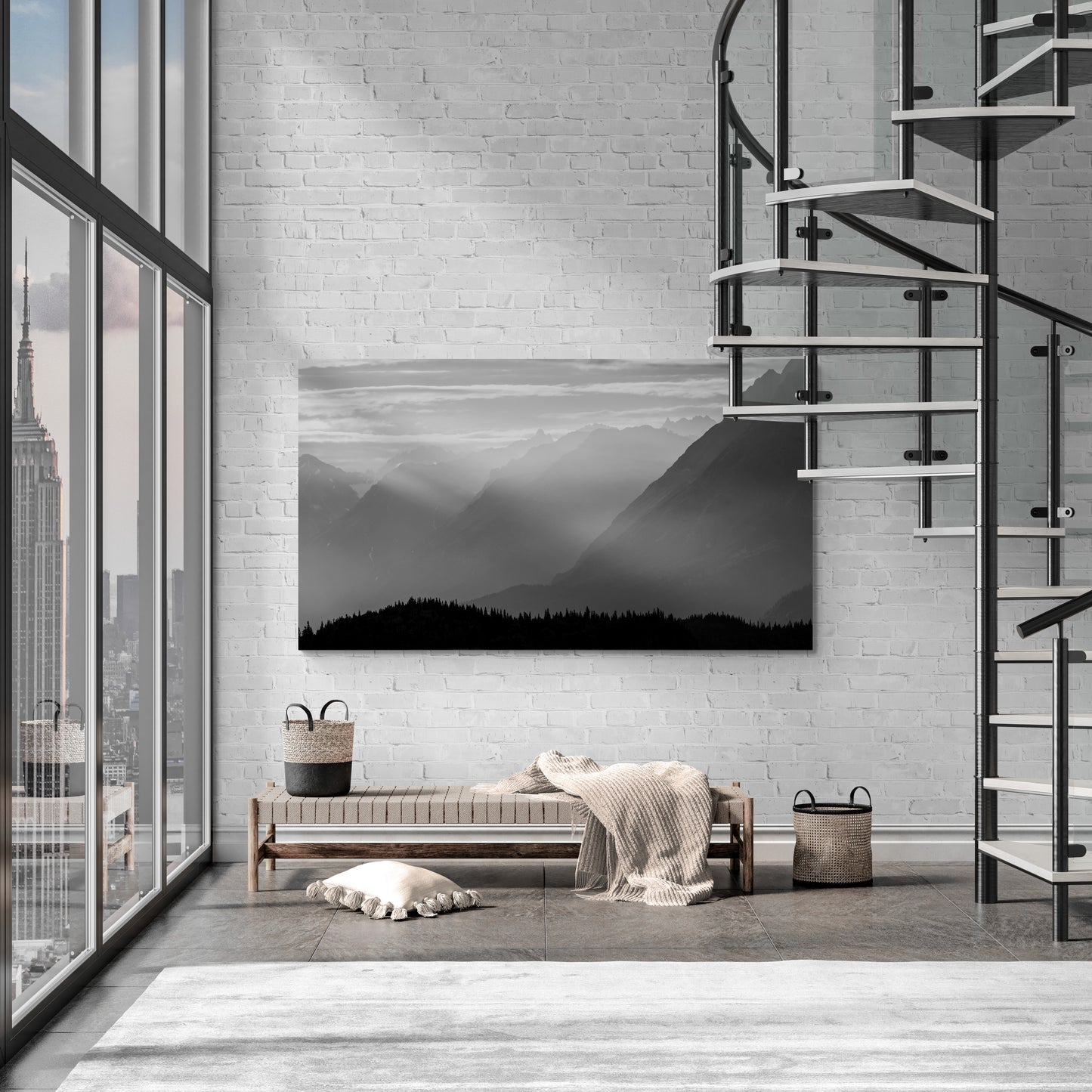 Landscape-Photography-for-sale-Print-Black-and-White-Alaskan-Landscape-Photo-in-industrial-style-living-room-with-staircase-2